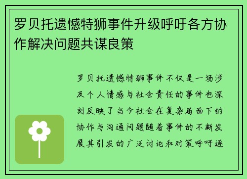 罗贝托遗憾特狮事件升级呼吁各方协作解决问题共谋良策