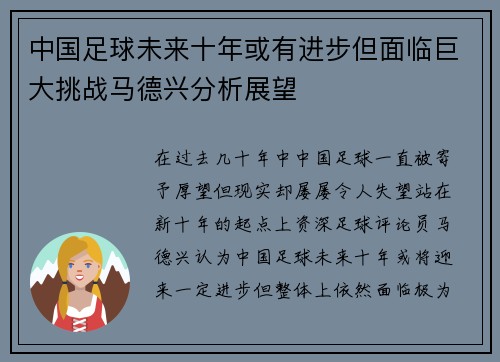 中国足球未来十年或有进步但面临巨大挑战马德兴分析展望